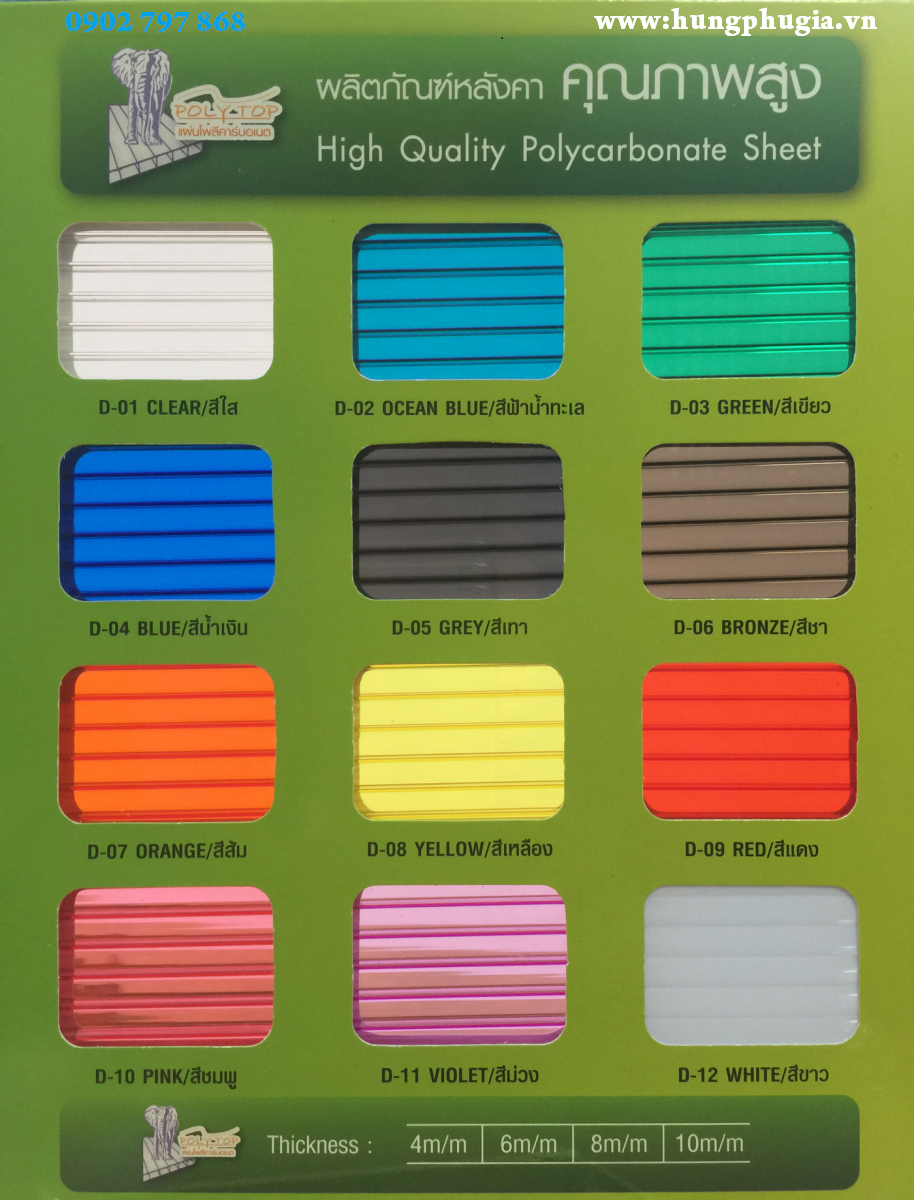 Tấm Lấy Sáng Polycarbonate rỗng ruột PolyTop thái lan